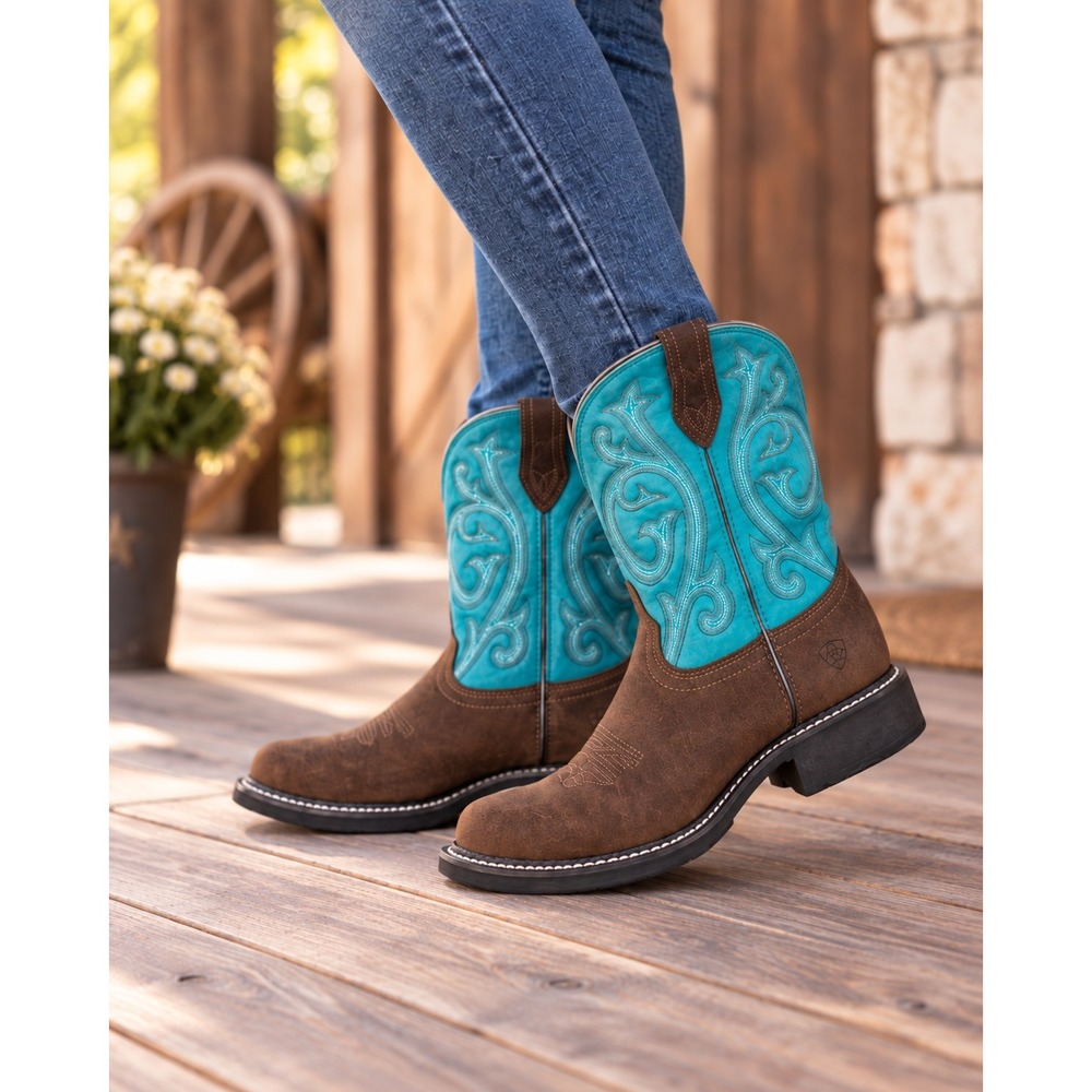 Ariat Fatbaby Western Boots Brown Suede Teal Leather Round Toe Womens 11B